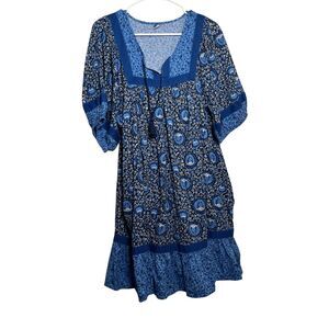 Old Navy Dress Women's Large Blue V-Neck Tiered Puff Sleeve Boho Tie Casual